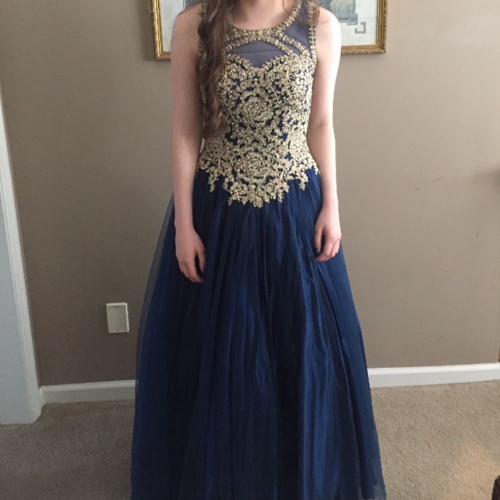 Xscape Blue and Gold Ball Gown